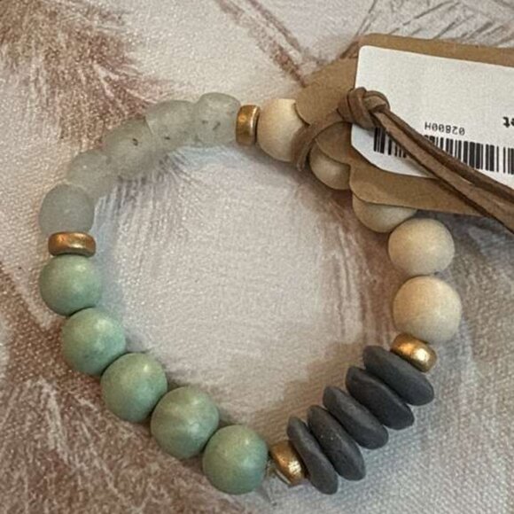 Earthy Stretch Bracelet Frosted Glass & Wood Beads - Picture 4 of 4